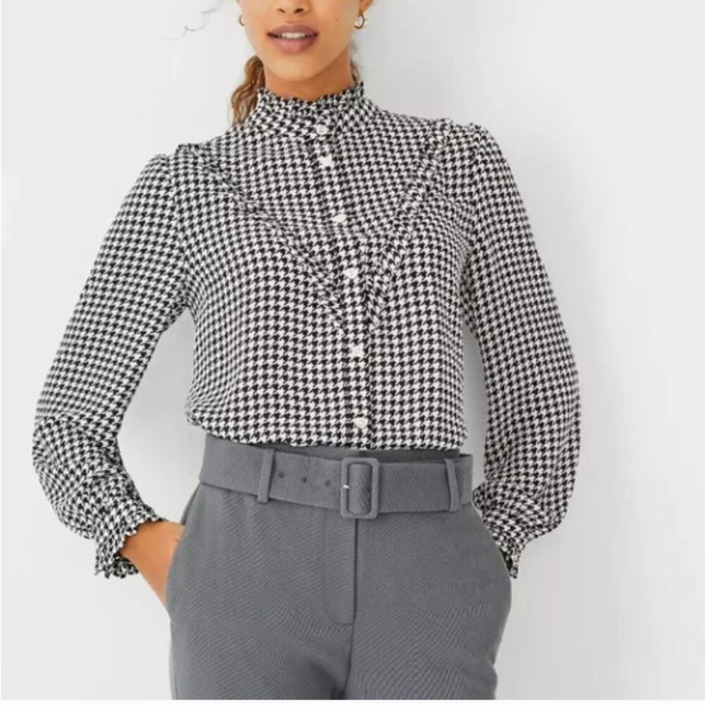 Ann Taylor Houndstooth Ruffle Yoke Blouse Size PL Classic